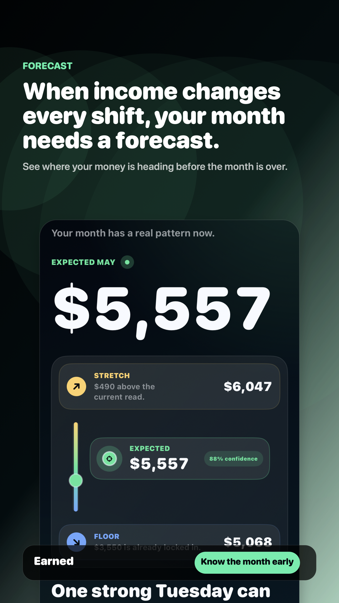 Earned forecast view showing monthly pace